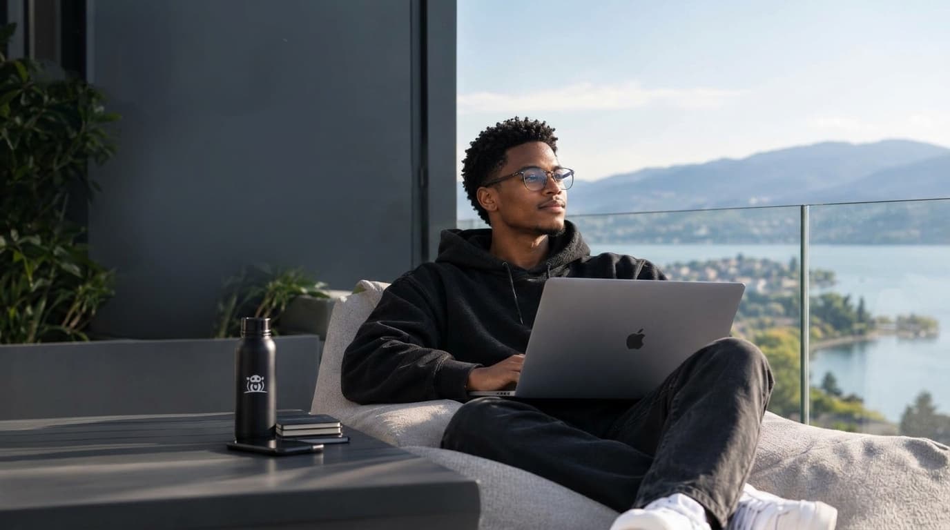A HostRafiki customer working remotely on a laptop with a scenic view, reliable hosting from anywhere